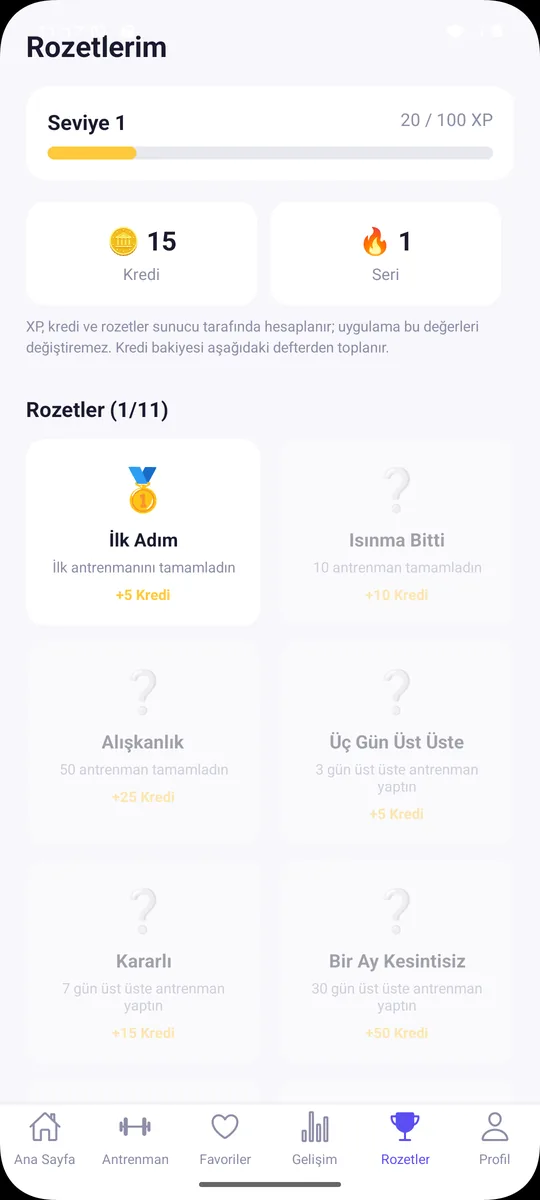 Rozetler, seviye ve kredi